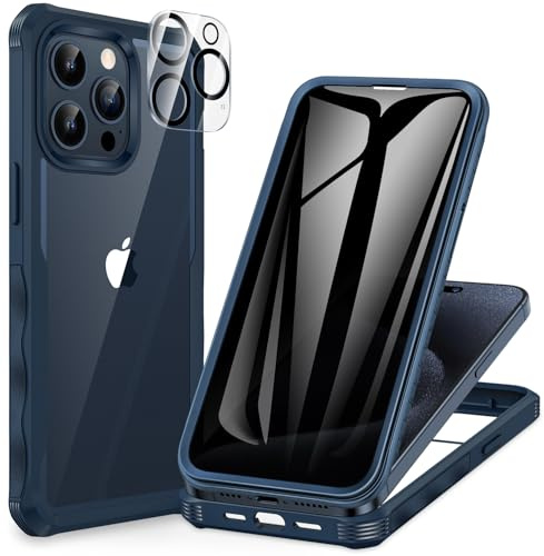 CENHUFO Sichtschutz Hülle für iPhone 15 Pro, mit Eingebautem Privacy Panzerglas Displayschutz und Kameraschutzfolie, 360 Grad Handyhülle Schutzhülle Stoßfest Bumper Anti Spy Cover Case - Blau