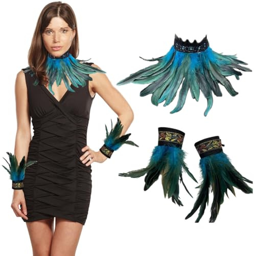 3er Set Gothic Feder Achselzucken mit Feder Manschetten, Federkragen Rabe Hexe Priesterin Kostüm Hahnfeder Armbänder Federumhang Federrock Kostüm Choker Kragen für Halloween Karneval Maskerade Cosplay