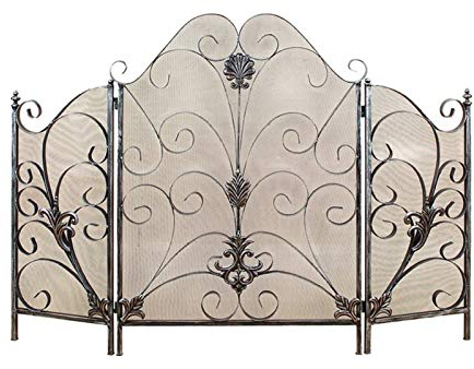Kaminschutzgitter, 3-teilig, 48 x 32 Zoll, massives, schmiedeeisernes, durchsichtiges Metall-Kaminschutzgitter, Funkenschutz-Sicherheitsschutz mit dekorativer Schriftrolle, wunderschöne Landschaf