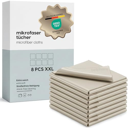 Bellphany 8er Set Brillenputztücher Mikrofaser - 30 x 30cm groß, Tuch Beige | XXl Mikrofasertücher, Brillenputztuch Microfaser Optikerqualität, Display Reinigungstücher für Brille putzen, Handy, Kamera