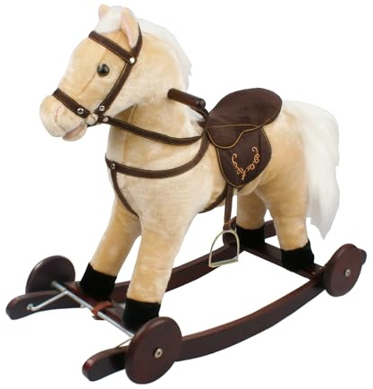 Cavallo a Dondolo Beige con Ruote, Peluche Cavalcabile