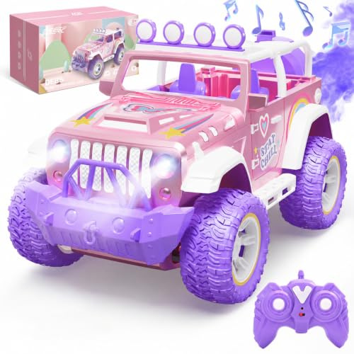 DEERC - Coche teledirigido para niñas con niebla y música, coche RC 1:16 con luces LED para niños, camión todoterreno 2.4GHz, vehículo de carreras todoterreno, juguetes para niñas