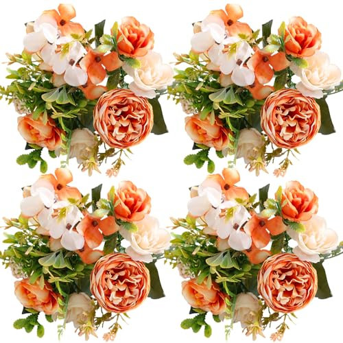 ASTRYAS Flores artificiales, 4 piezas de decoración de otoño, ramo de flores de hortensias de seda de peonía naranja falsas, centros de mesa para decoración de bodas, fiestas y decoración del hogar