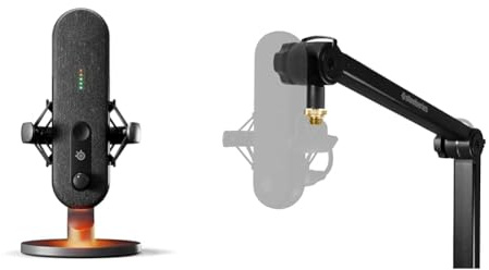 SteelSeries Alias Microphone USB pour PC + SteelSeries Alias Perche Micro - Capsule 3X Plus Grande pour Jouer, Streamer et podcaster - Réduction du Bruit par IA - Rotation à 360° - Pince de bureau
