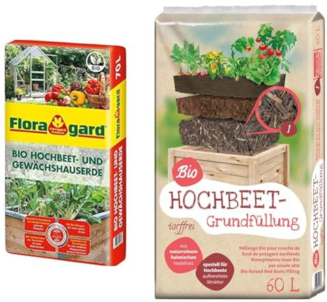 Floragard Bio Hochbeet- und Gewächshauserde, 70 liters, Braun & Universal Bio Hochbeet-Grundfüllung 60 Liter, Erdfarben
