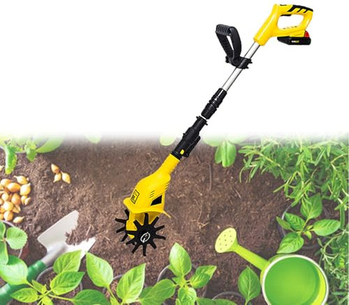 Kindevieft Kabellose BodenfräSe 20 V, 250 U/Min, Elektrische BodenfräSe, HandgefüHrte Batteriebetriebene GartenfräSe Mit Teleskopstange FüR Rasen, BauernhöFe, Hof, Boden,Yellow