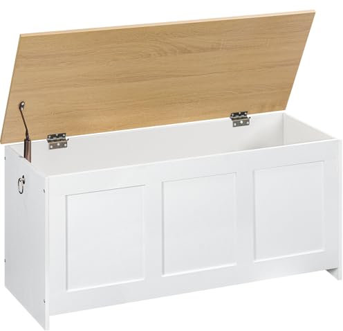 HOOBRO Truhen, Sitzbank mit Stauraum, Spielzeugkiste mit Deckel, 100 cm Aufbewahrungstruhe, Truhe mit Sicherheitsscharnier, Eingangsbereich, Weiß und Natürliche Holzfarbe EWN141CW01