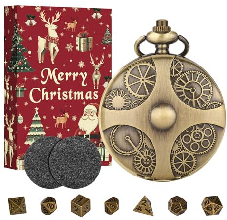 Mini DND Würfel Set mit Bronze Steampunk Zahnrad Taschenuhrgehäuse, 7-teiliges D&D-Würfelset aus Polyedrischem Metall, DND Geschenke mit Weihnachtsgeschenkbox, Rollenspiel Brettspielzubehör Würfel