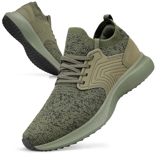 Giniros Träningsskor herr löparskor promenader gymskor tennis vardagliga fitnesssneakers för män dra på andningsbara, lätta bekväma utomhussportskor för jogging, gRÖN, 42 EU