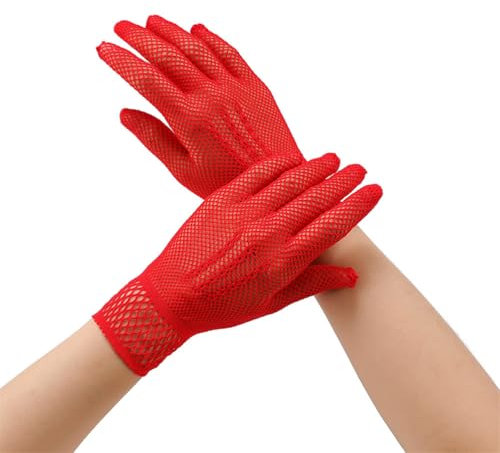 JekyTMP 5 Paar Kurz Netzhandschuhe Damen Fischnetz Handschuhe Mode Opernhandschuhen Netz Armstulpen Netzärmel Rock Handschuhe Fishnet Gloves Spitzenhandschuhe für Hochzeiten Opern Prom (Rot)