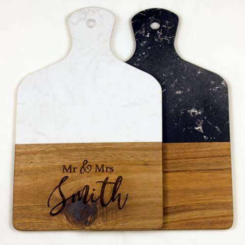 Personalised Half Marble & Acacia Wood Cheese Board with Laser Engraving – Stylish Charcuterie and Serving Platter, Gift for Weddings, Housewarmings, Anniversaries, Christmas – 33cm x 21.5cm (White)