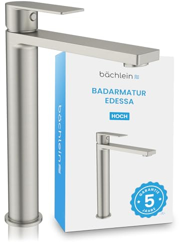 Bächlein Badarmatur Edessa hoch in modernem Design, extra hoher Einhebelmischer für Aufsatzwaschbecken mit Montage-Set, Bad Wasserhahn Edelstahl gebürstet
