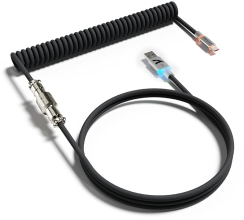 ATTACK SHARK C01 ULTRA Cable en espiral RGB personalizado para teclado gaming, Tipo C a USB A, TPU, cable para teclado mecánico de doble funda con conector Aviator desmontable - Negro
