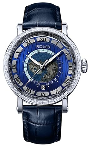 RIQINES Ocean Heart Series herr helautomatisk mekanisk klocka läderkalender herrmode affärer mångsidig vattentät klocka, BLÅ