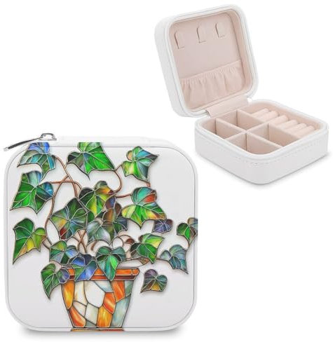 Jubonexis Vitral de hiedra en una maceta, pequeño joyero organizador portátil de piel sintética, mini estuche de viaje