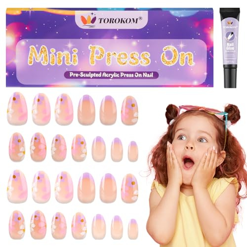 TOROKOM Unghie Finte per Bambine con Colla – 26 Pezzi Unghie Adesive Corte per Bambine – Kit Completo per Compleanno, Feste, Natale (Fiore nudo&francese)