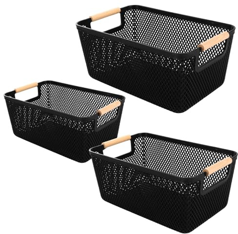 SENENQU 3 Pack Black Plastic Storage Basket with Wood Handles, Vegetable Storage Racks, Potato Onion Food Storage Organizer for Cabinet Closet Kitchen - 26 x 18cm, 30 x 20cm, 35 x 23cm
