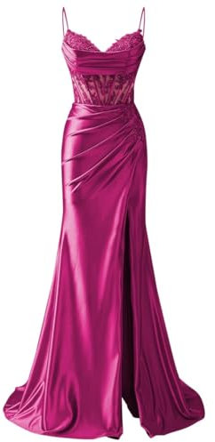 Vestidos de dama de honor con tirantes delgados, apliques de encaje, vestidos de graduación con abertura, vestido largo formal para fiesta de noche, AH171, fucsia, 58 Grande