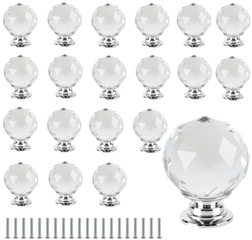 JEUIHAU 20 PCS 30 MM Crystal Door Knobs, Clear Crystal Cabinet Handles with Screws, Glass Door Knob for Cupboard, Drawer, Bedside Cabinet, Dresser Unit and Wardrobe, Silver