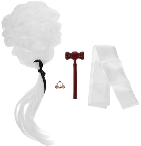 FRCOLOR 1 set Halloween advokatkostymtillbehör inklusive domare peruk träklubba falsk halsband balansvåg domare cosplay rekvisita för Halloween festfavör