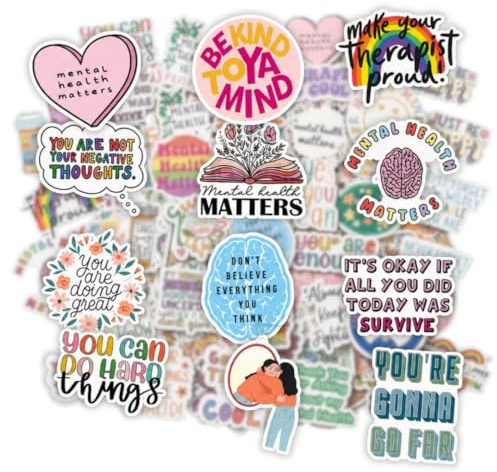 Mazo Moon 50 x Stickers Mental Health Motivational Stickers – Positive Affirmation & Self-Care Waterproof Vinyl Decals for Laptop, Water Bottles, Scrapbooking, Planners & Journals