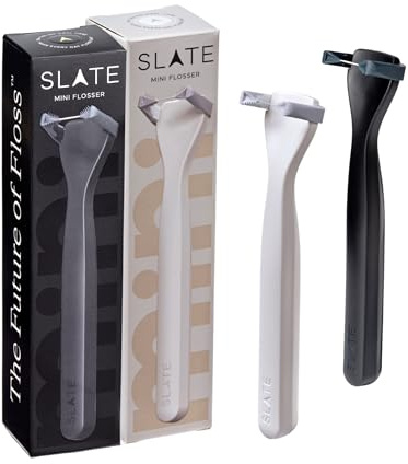 Slate Flosser Mini - Reusable Floss Pick with Gum Brush & Tongue Scraper, Dentist-Invented, PFAS/PTFE-Free, Travel-Ready | Black & White Mini Flosser 2-Pack