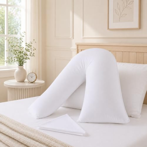 ELITE ESSENTIALS V Pillow with Pillowcase – Hypoallergenic & Orthopedic V Shaped Pillows for Ultimate Comfort – Ideal for Maternity, Nursing, and Relaxation (White – 75X35cm)