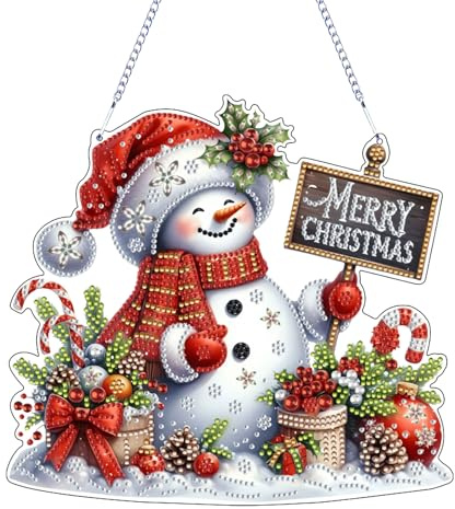 ACAREY Diamond Painting Weihnachten Schneemann Anhänger Türhänger Türkranz Fensterbild 5D DIY Diamond Painting mit Kette, Diamant Malerei Türkranz Weihnachtsdeko für Erwachsene Weihnachtsgeschenke