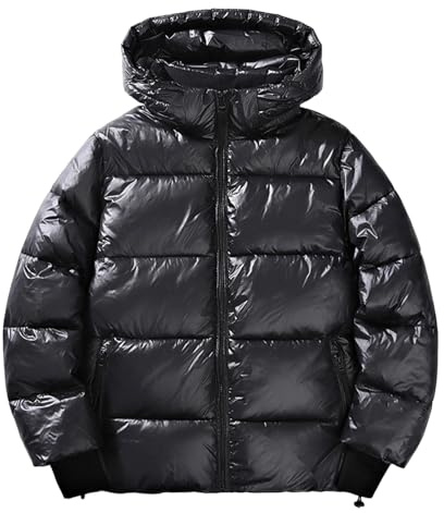 Doudoune Matelassée Lourde pour Homme Veste de Sport Brillant avec Capuche Zippée Chaude et Légère Manteau Décontracté Coupe-Vent Imperméable Outdoor Grandes Tailles du M - 4XL (Black, L)