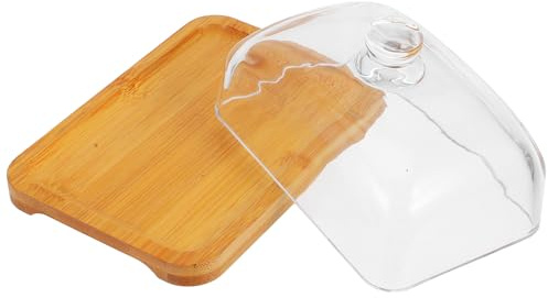Healeved Soporte Rectangular de Madera de Acacia con Tapa de Vidrio para Mantequilla, Mantequera Tapada Multifuncional para Quesos, Postres y Aperitivos, Base para Tartas y Cupcakes, 1
