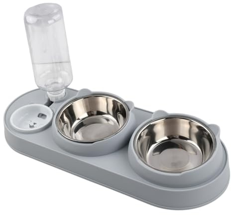 Comedero Gato 3 en 1 con Dispensador de Agua Automático, Cuencos Elevados de Acero Inoxidable con Inclinación 15°, Comedero y Bebedero para Gatos y Perros Pequeños, Capacidad 500ml