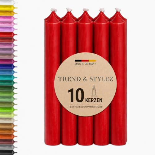 10 Spitzkerzen durchgefärbt (180x22mm) | RAL Stabkerzen mit 8h+ Brenndauer | Ohne Tropfen & Rußen | Tafelkerzen für Leuchter | Made in Germany (Rot)