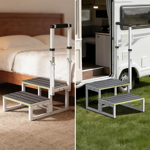 XARILK Taburete con mango de aluminio, 2 peldaños, pasamanos ajustable, superficie antideslizante extra antideslizante, capacidad de carga de 250 kg, ideal para caravanas, cocina y hogar