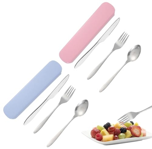2PCS Travel Cutlery Set with Case, Portable Cutlery Set for Outdoor Dining, Knife, Fork, Spoon Reusable Cutlerys with Knife Fork Spoon, Compact Utensils for Camping and Picnics, Blue and Pink