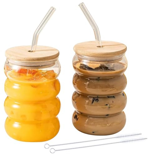 2 unidades de vasos de té de burbujas, juego de vasos para latte macchiato, vasos de 300 ml con 2 tapas, 2 pajitas y 1 cepillo, vasos con tapa, vasos para café helado/cóctel/batido/cerveza
