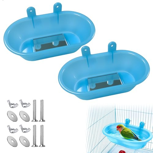 xtemtoamz Doccia per Pappagalli con Specchio, Bagnetto per Uccelli con Fissaggio a Vite, Accessorio per Gabbia per Calopsitte e Piccoli Uccelli, Doccia Uccello con Specchio, Blu