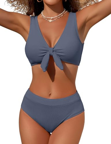 Vijamiy Costume Donna Due Pezzi Vita Alta Sexy Scollo a V Bikini Design con Lacci,Curvy Tonificare l'addome Costumi Piscina Spiaggia Tessuto con Trama (Blu Grigio,XL)