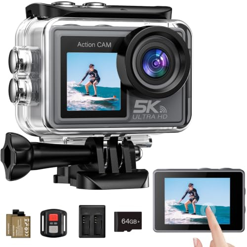 Ruycllo Cámara Deportiva 5K/4K 60FPS, 50MP Cámara Acuática, 30M Cámara Subacuática Impermeable con Tarjeta SD 64GB, EIS, Doble Pantalla, WiFi, Gran Angular 170°, Cámara para Moto, Snorkel, Bicicleta
