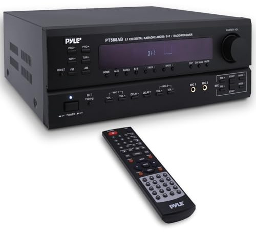 Pyle Wireless Bluetooth Power Amplifier System-420W 5.1 Channel Home Theater Surround Sound Audio Stereo Receiver Box w/RCA,AUX,Mic w/Echo,Remote,Support HDMI-For Subwoofer Speaker-Pyle PT588AB