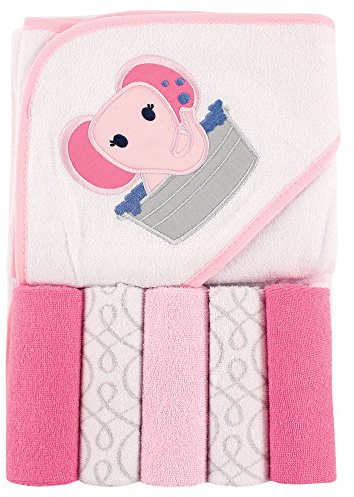 Luvable Friends Unisex Baby Kapuzenhandtuch mit fünf Waschlappen, rosa Elefant, Einheitsgröße