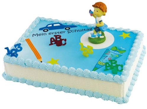 Cake Company Tortendekoration zum Schulanfang Junge mit Tasche | Tortendeko zum Schulanfang Junge blau | Motivtorte zum Schulanfang