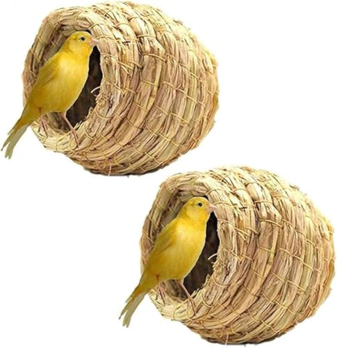 Hamiledyi Bird Nest Grass Bird Hut Outdoor Hanging Birdhouse Canary Nest Chickadee House Wren Nest Fiber Roosting Pocket for Parakeet Parrot Cockatiel Finch