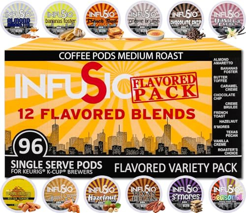 InfuSio Flavored Coffee Pods Variety Pack – 96 Count, 12 Gourmet Medium Roast Dessert-Inspired Blends like Bananas Foster & Crème Brûlée, Compatible with Keurig K-Cup 2.0 Brewers