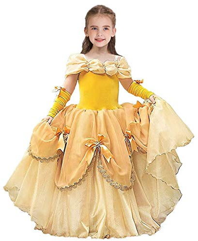 FMYFWY Niñas Vestidos de Belle Disfraz de Carnaval Princesa Cumpleaños Traje de Halloween Navidad Ceremonia Aniversario Fiesta de Cosplay Bella y Bestia Costume con Mangas del Brazo 12-13