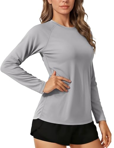 TACVASEN Camisetas de Protección Solar Mujeres Top de Corriendo UPF 50 Camisetas UV Tops de Gimnasio Entrenamiento Al Aire Libre Camiseta Senderismo Jersey de Ciclismo Gris Claro