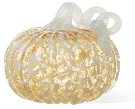 Glitzhome Hand Blown Glass Pumpkin Decor 5 Amber - Artisan Fall Harvest Thanksgiving Table Centerpiece Halloween Home Decor