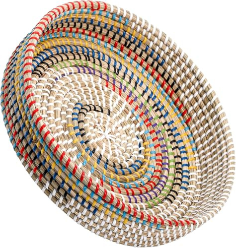 SOUJOY 30cm Woven Seagrass Serving Tray, Rattan Serving Tray, Handmade Round Ottoman Fruit Serving, Colorful Coffee Table Decorative Holder for Bread, Tea, Breakfast, Coffee, Drinks, Snack, Wall Decor