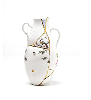 SELETTI Vaso Kintsugi in porcellana e oro | Vaso in porcellana cm.19x16 h.32 'kintsuji' L’arte giapponese del Kintsugi assume forme contemporanee.La fragilità della por