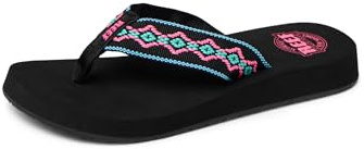 REEF Sandy Womens Beach Flip Flop, Soft Woven Strap Made From 100% Recycled PET, Black Neon, 8