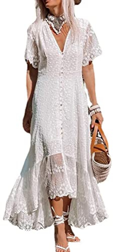 Onsoyours Robe Femme Col en V Sans Manches D'été Taille Haute Maxi Longue Décontractée à Volants Mini F Blanc L
